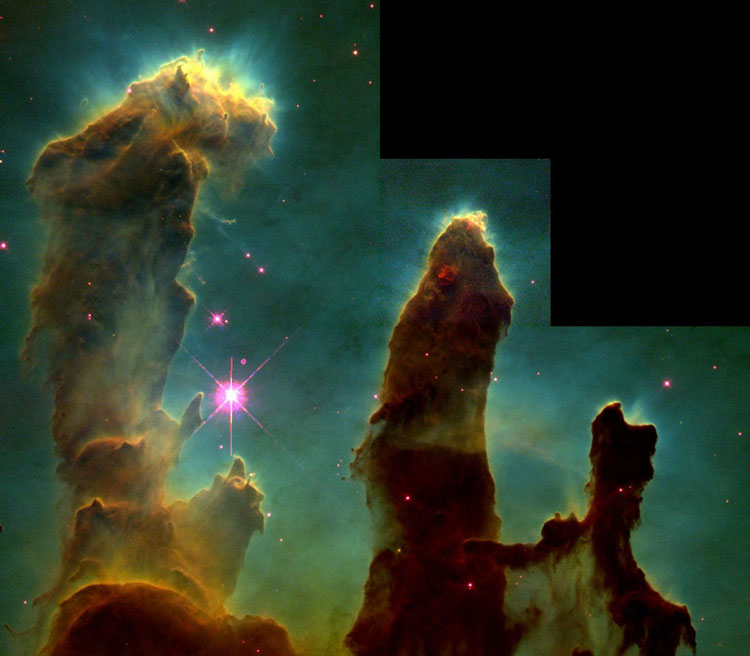 Aspecto de los Pilares de la Creación en una imagen captada por el telescopio espacial Hubble en 1995
