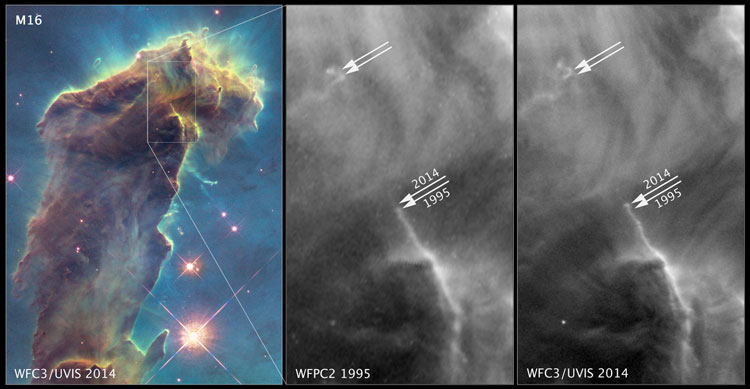 Detalle de Los Pilares de la Creación mostrando cómo evolucionan a lo largo del tiempo