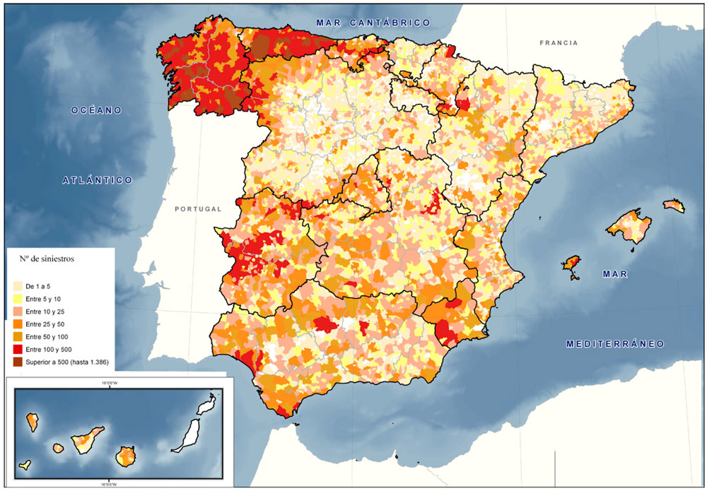 Número de incendios al año por término municipal entre 2001 y 2010 