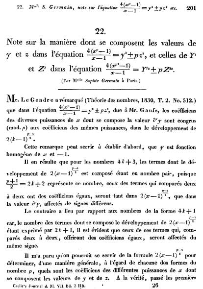 Portada de uno de los últimos trabajos de Sophie Germain sobre teoría de números