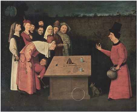 En este cuadro de la época medieval un mago distrae a su público mientras un ladrón provecha para robar.