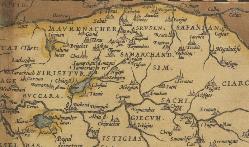 Detalle de Samarchand, Theatrum Orbis Terrarum. Abraham Ortelius creó el primer atlas moderno de la historia, ordenando los territorios en base a una clasificación ordenada.