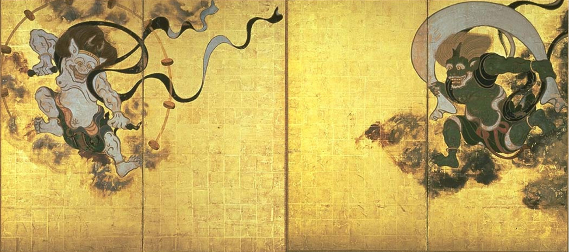 Tawaraya Sotatsu – Dios del viento y dios del trueno. Siglo XVII. Actualmente conservado en el Museo Nacional de Kyoto, Japón.