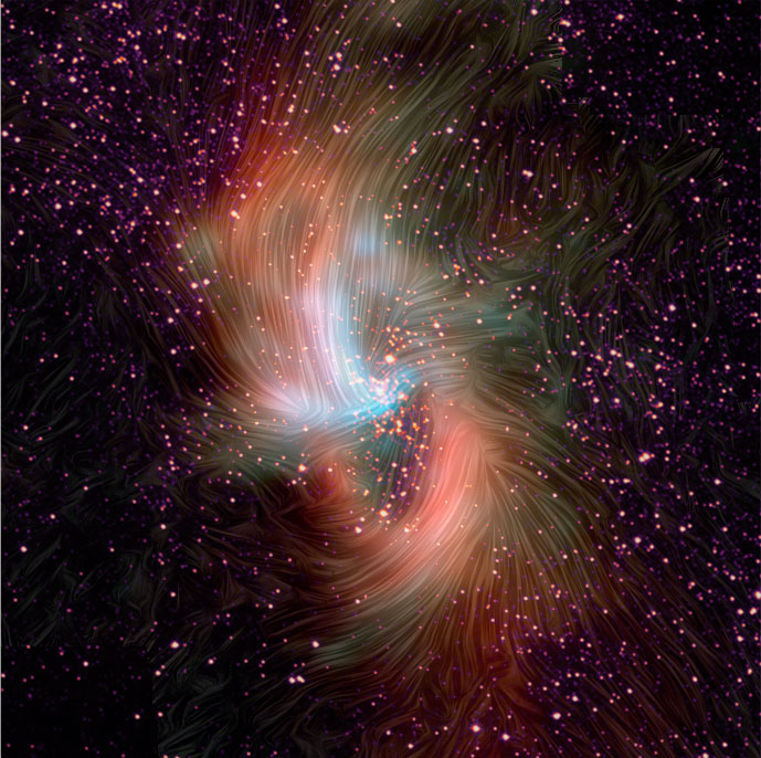 Centrogalaxia.png El campo magnético es invisible a nuestros ojos, pero deja sutiles pistas en el infrarrojo. Gracias a las observaciones de SOFIA, los astrónomos pueden entender mejor por qué el agujero negro en el centro de nuestra galaxia es más tranquilo que otros agujeros negros