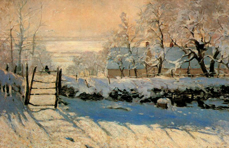 La Urraca de Monet. La sombras son azules por su relación con la nieve y el hielo. Monet pintaba las sombras con los colores complementarios. Violetas y azules como contrarios a amarillos y rojizos.