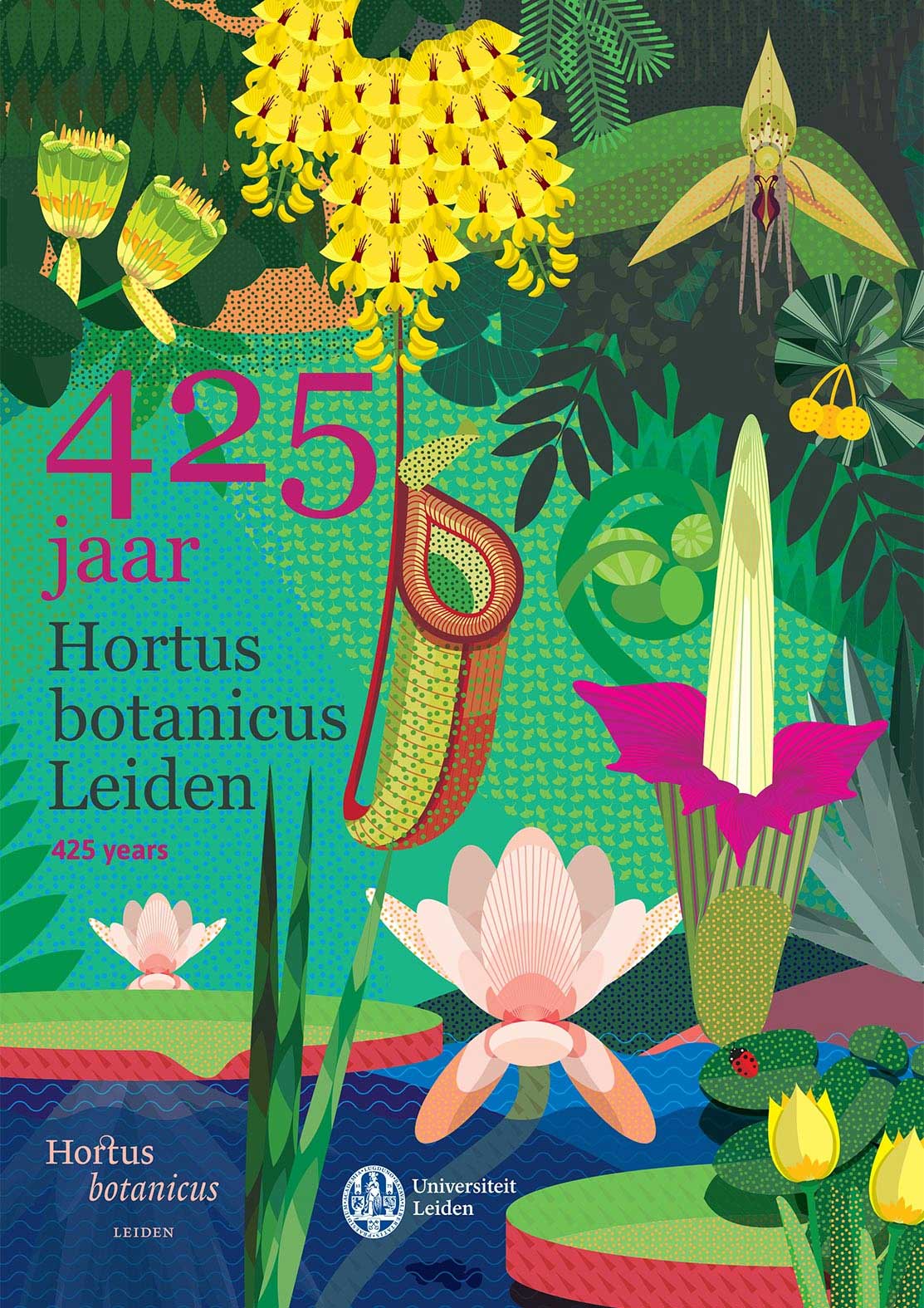 Póster ilustrado del 425 aniversario de la fundación del Hortus botanicus celebrado en el año 2015. Ilustración de DoubleMatured