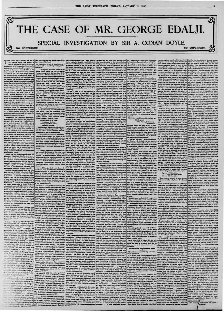 Primera publicación de las investigaciones de Conan Doyle sobre el caso Edalji. The Daily Telegraph. 11 de enero de 1907.