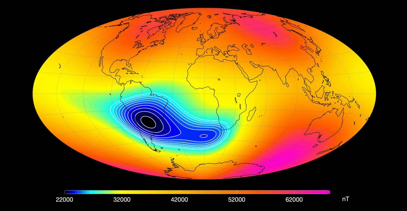 Anomalía del Atlántico Sur. jpg  Intensidad del campo magnético terrestre en nanoteslas. ESA