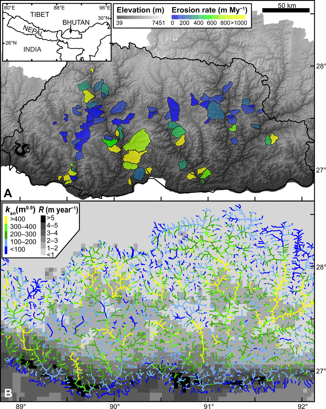 A. Modelo de elevación digital y tasas de erosión de Bután. B. Datos de precipitación media anual. Créditos: B. A. Adams  et al. Science Advances 