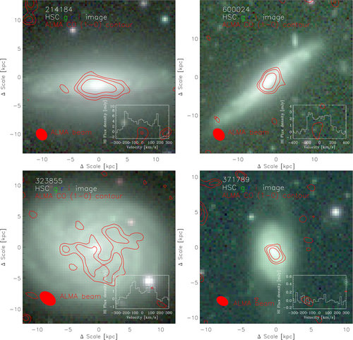 Imágenes en rango óptico de las cuatro galaxias observadas con FAST. Los contornos rojos son las observaciones anteriores realizadas en base al CO por el observatorio ALMA. Los espectros en blanco en cada imagen son los resultados obtenidos de FAST. Créditos: CASSACA