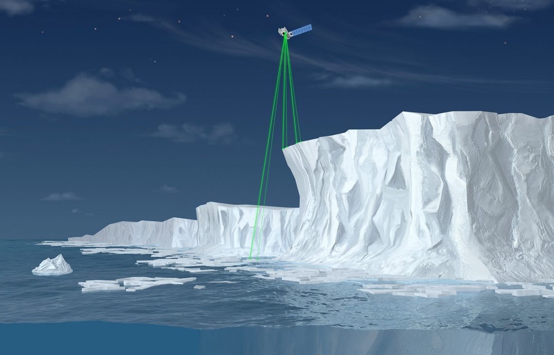 Representación artística de ICESat-2 realizando las medidas mediante el uso de seis rayos láser. CRÉDITOS: NASA, ICESat-2