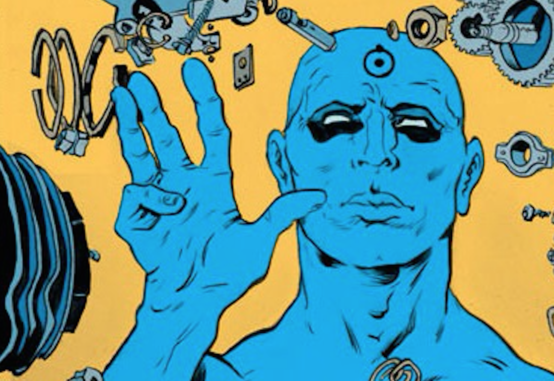 El Dr. Manhattan con el símbolo del Hidrógeno creado por Dalton