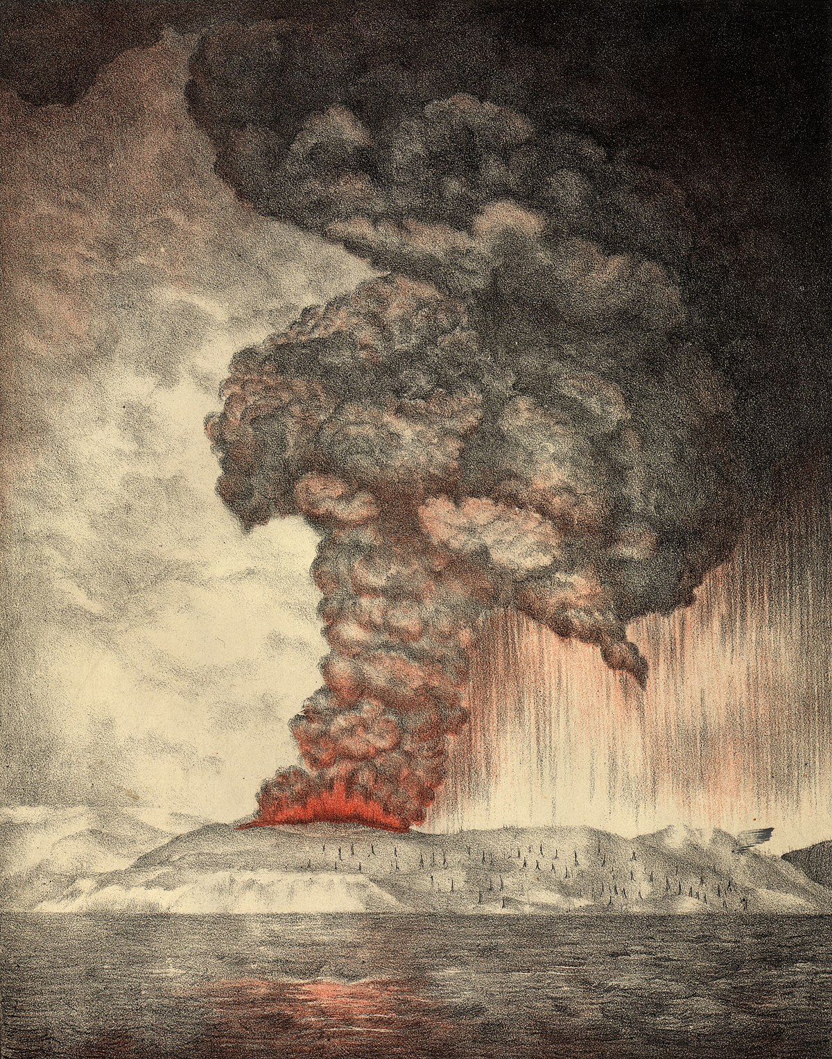 Litografía The eruption of Krakatoa, and subsequent phenomena. Autores: Parker & Coward.