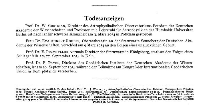 Obituario publicado en la revista Astronomische Nachrichten, volume 281, p.284. Créditos: WILEY-VCH Verlag Berlin GmbH | NASA Astrophysics Data System