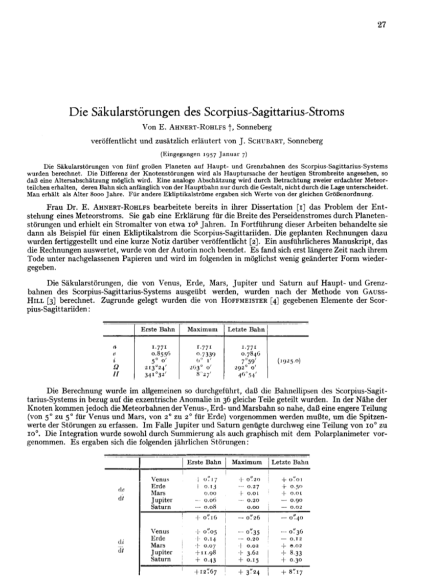Primera página del artículo Die Säkularstörungen des Scorpius-Sagittarius-Stroms