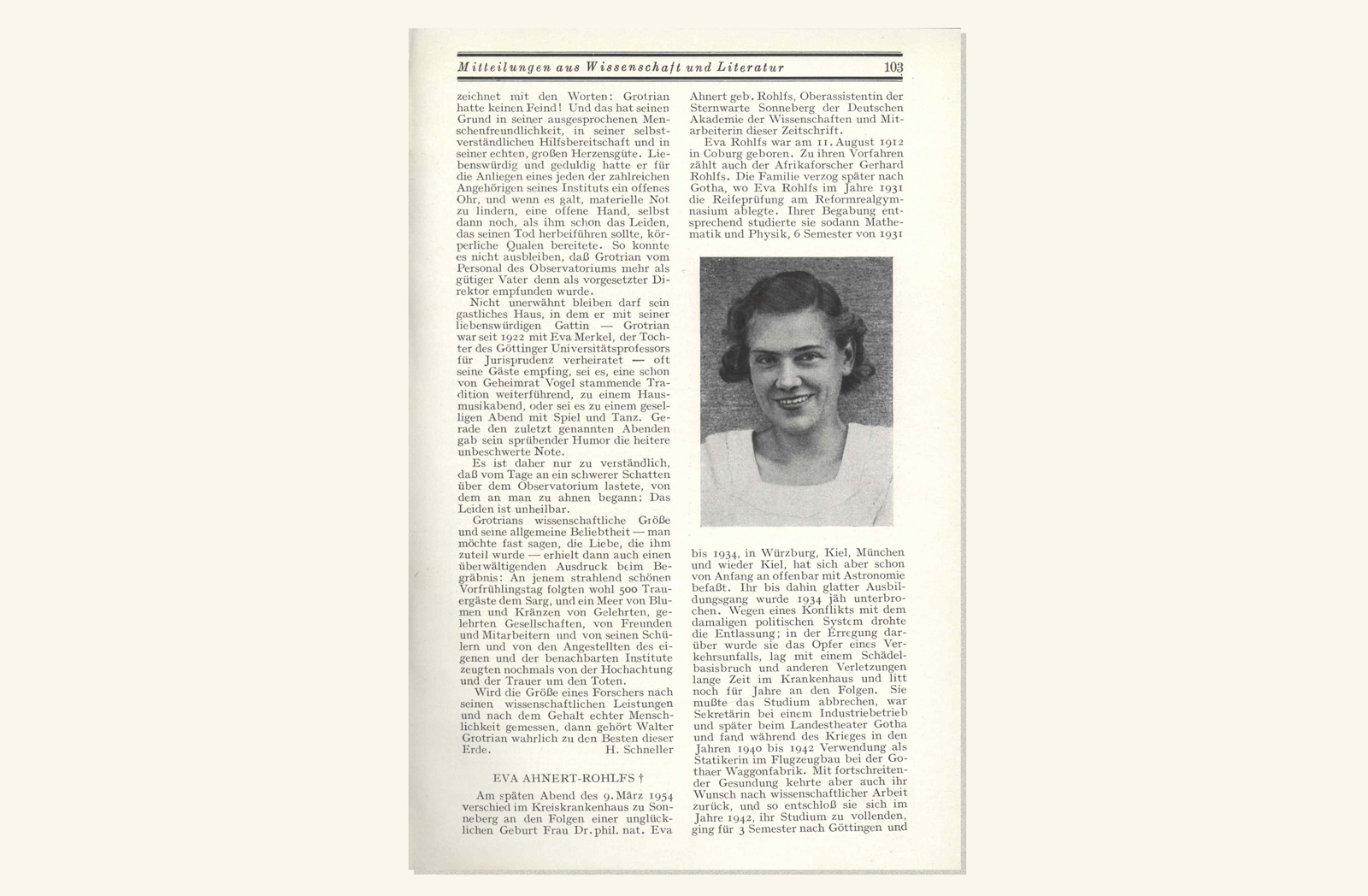 Obituario de Eva Ahnert-Rohlfs escrito por el Dr. Cuno Hoffmeister