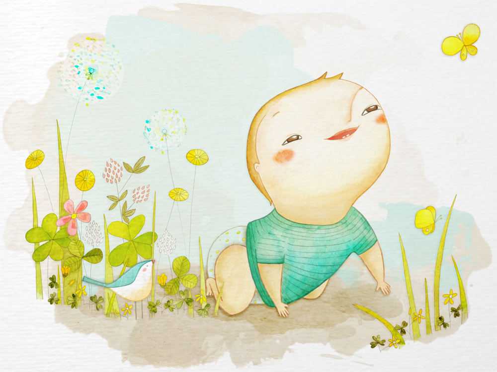 Cuento Lagartija. Niño gateando en el jardín