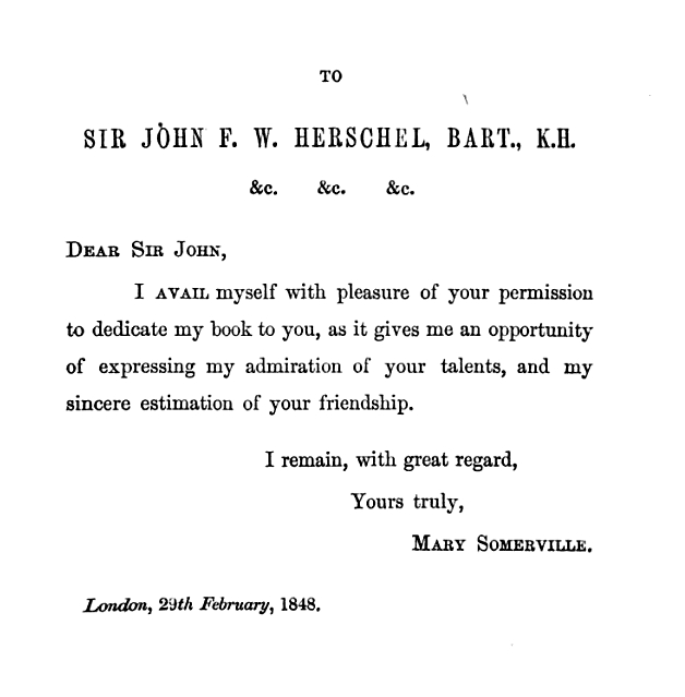 Dedicatoria de Mary Somerville a John Herschel en su libro Physical Geography